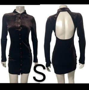 🆕Brown Velvet Corduroy Button Up Collar Long Sleeve Mini Dress~Size S